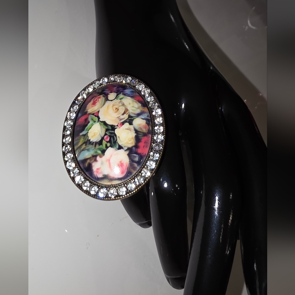 Large Black Floral Oval Ring with Crystal Accents